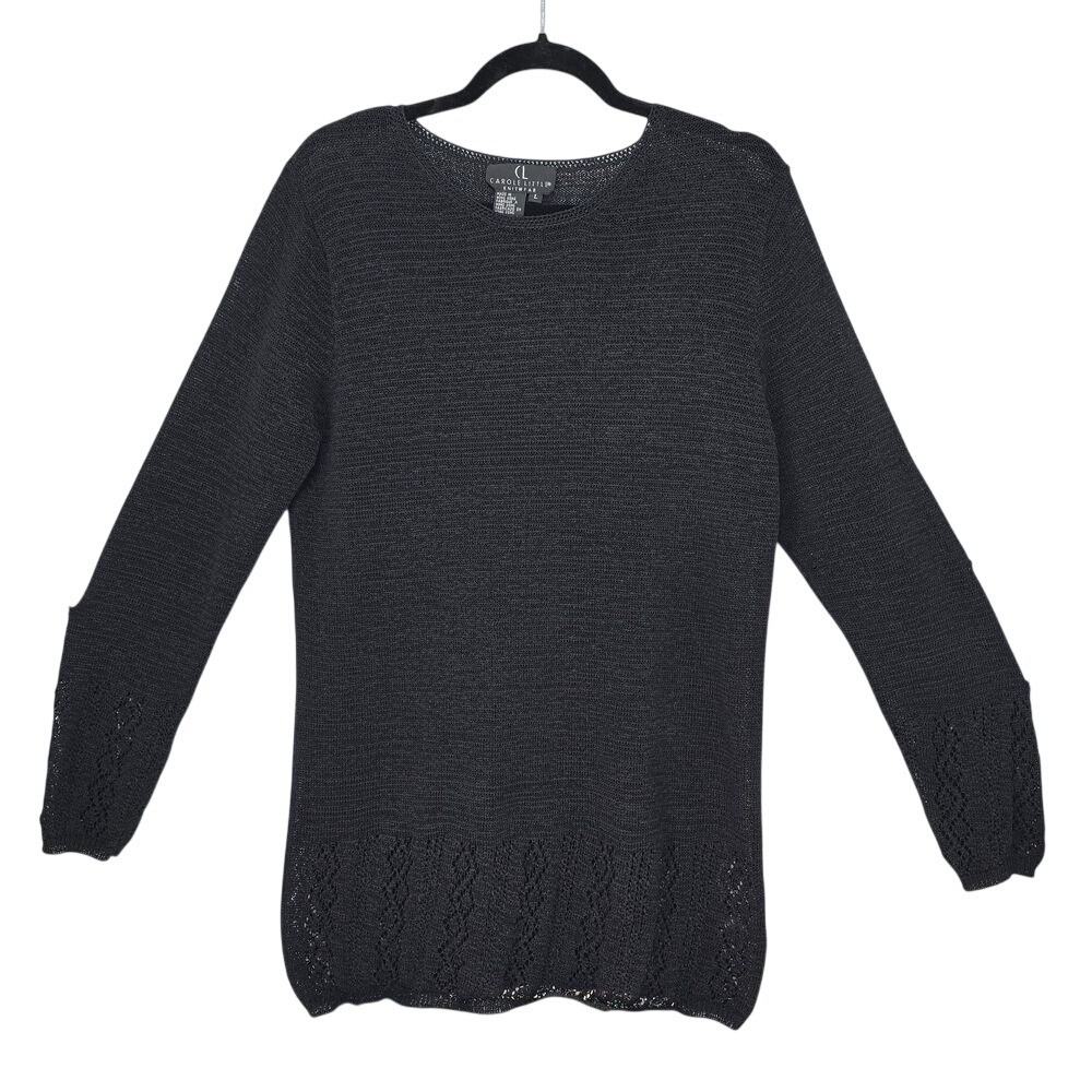Carole Little Womens Black Pointelle Knit Long Sleeve‎ Crew Neck Sweater Large